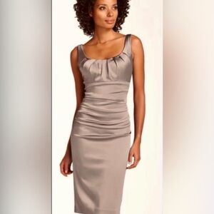 Suzi Chin by Maggie Boutique Ruched Satin Sheath Dress in Taupe/Cement-sz 6